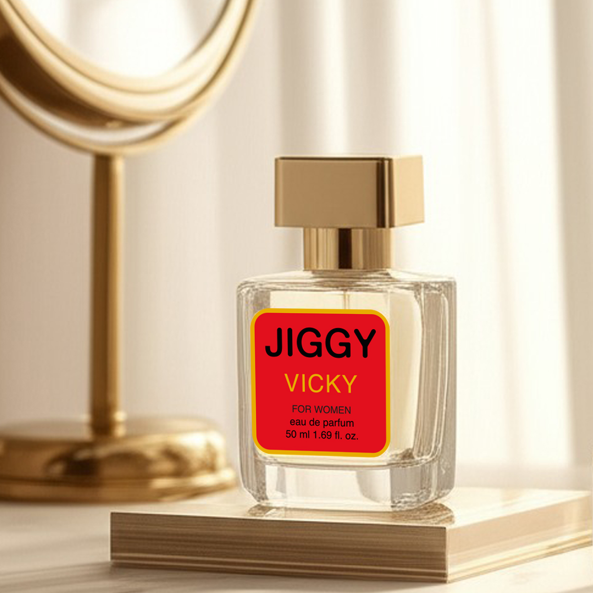 Tatlı vanilya, çikolata ve paçuli notalarına sahip kalıcı JIGGY Vicky 50 ml kadın parfümü