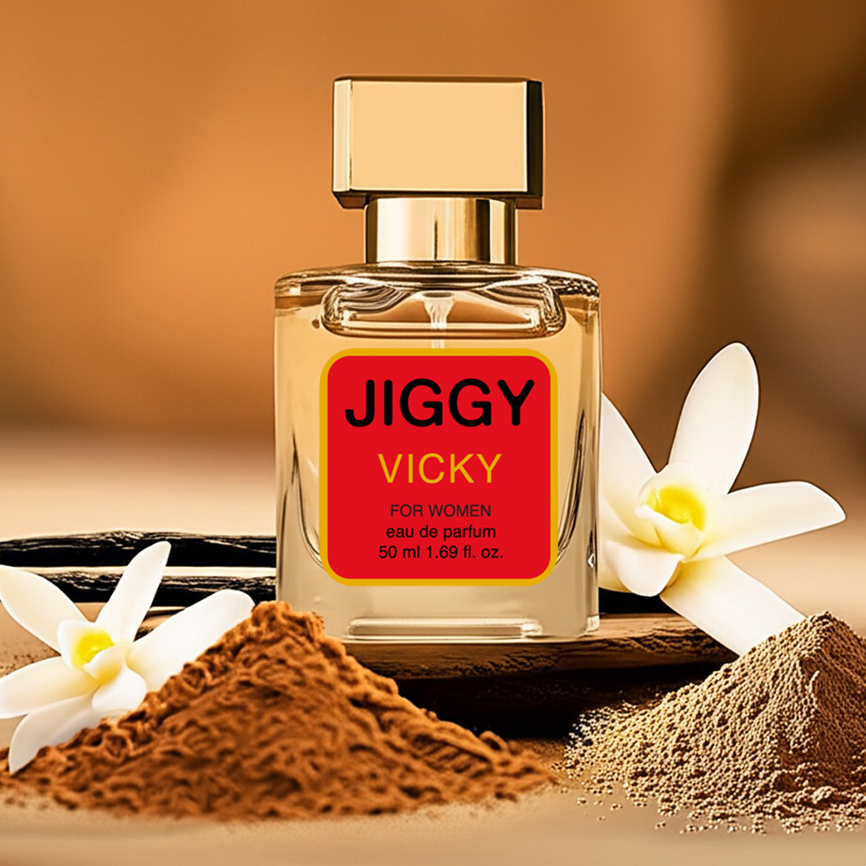Tatlı vanilya, çikolata ve paçuli notalarına sahip kalıcı JIGGY Vicky 50 ml kadın parfümü